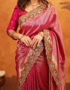 Dark Pink Silk Woven Embroidery Stone Work Banarasi Saree