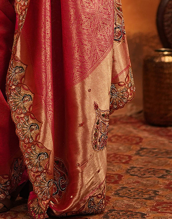 Dark Pink Silk Woven Embroidery Stone Work Banarasi Saree