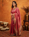 Dark Pink Silk Woven Embroidery Stone Work Banarasi Saree
