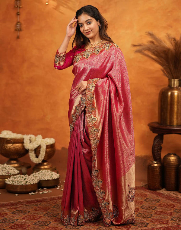 Dark Pink Silk Woven Embroidery Stone Work Banarasi Saree