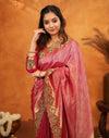 Dark Pink Silk Woven Embroidery Stone Work Banarasi Saree