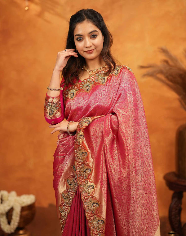 Dark Pink Silk Woven Embroidery Stone Work Banarasi Saree