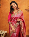 Dark Pink Silk Woven Embroidery Stone Work Banarasi Saree