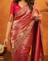 Dark Pink Silk Woven Embroidery Stone Work Banarasi Saree