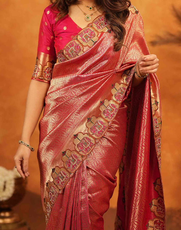 Dark Pink Silk Woven Embroidery Stone Work Banarasi Saree