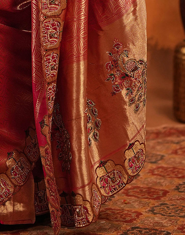 Dark Pink Silk Woven Embroidery Stone Work Banarasi Saree