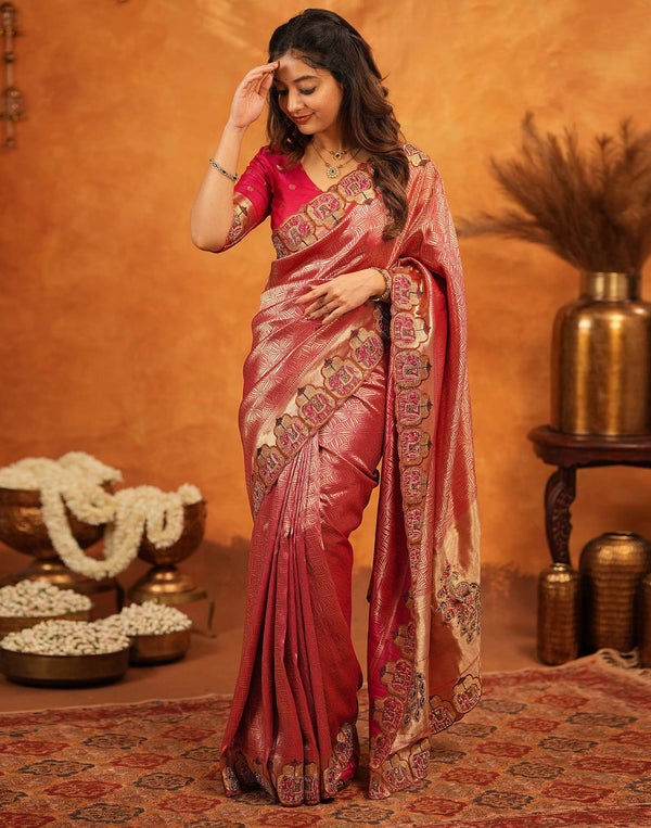 Dark Pink Silk Woven Embroidery Stone Work Banarasi Saree