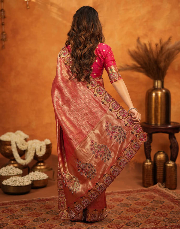 Dark Pink Silk Woven Embroidery Stone Work Banarasi Saree