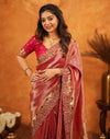 Dark Pink Silk Woven Embroidery Stone Work Banarasi Saree