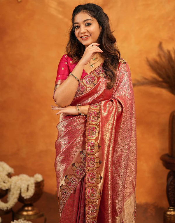Dark Pink Silk Woven Embroidery Stone Work Banarasi Saree