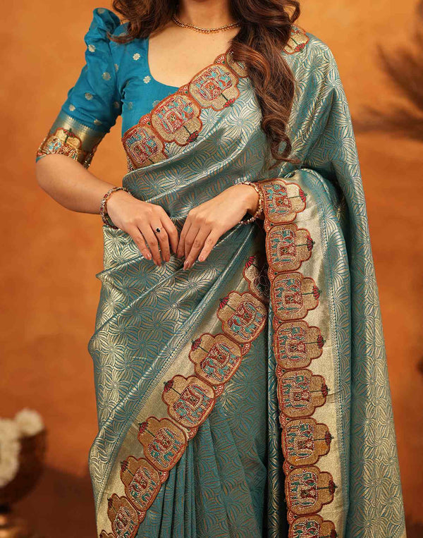Teal Blue Silk Woven Embroidery Stone Work Banarasi Saree