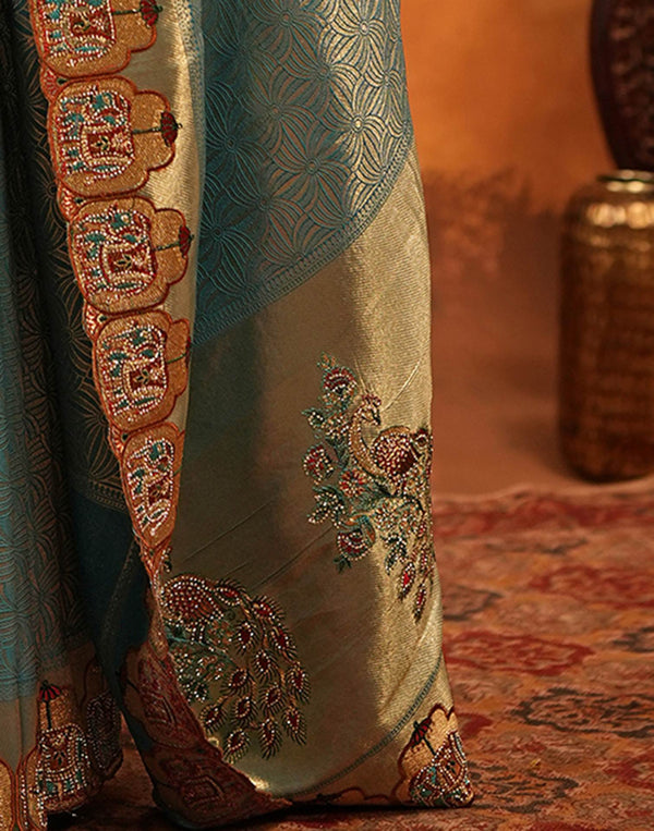 Teal Blue Silk Woven Embroidery Stone Work Banarasi Saree