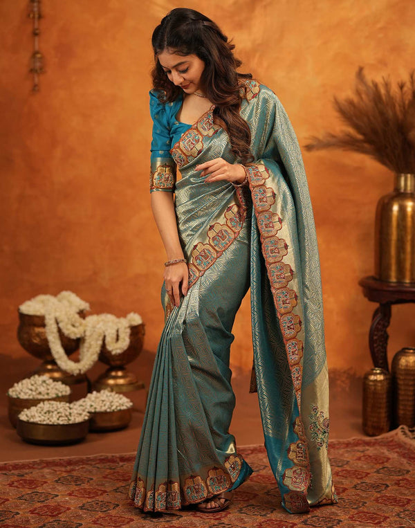 Teal Blue Silk Woven Embroidery Stone Work Banarasi Saree