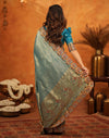 Teal Blue Silk Woven Embroidery Stone Work Banarasi Saree