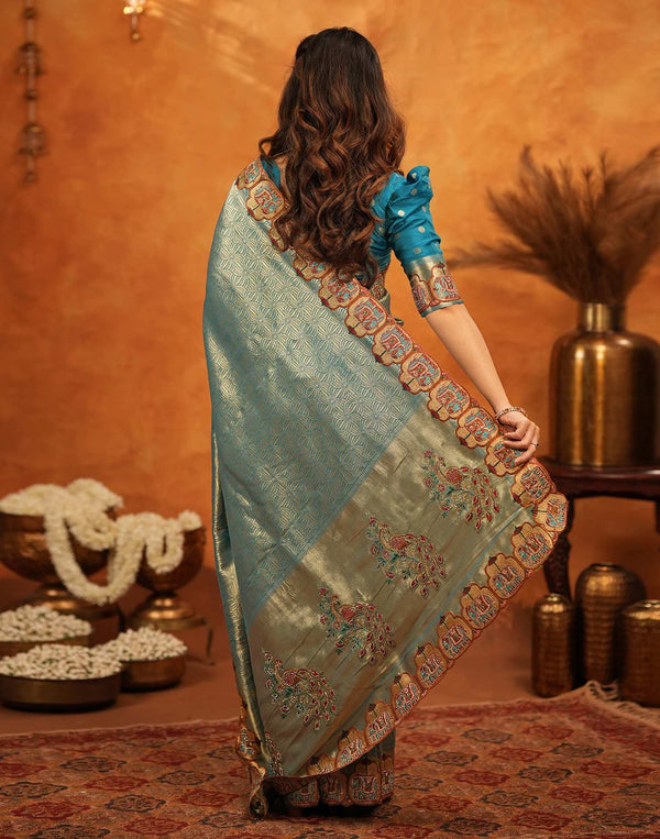 Teal Blue Silk Woven Embroidery Stone Work Banarasi Saree