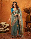 Teal Blue Silk Woven Embroidery Stone Work Banarasi Saree
