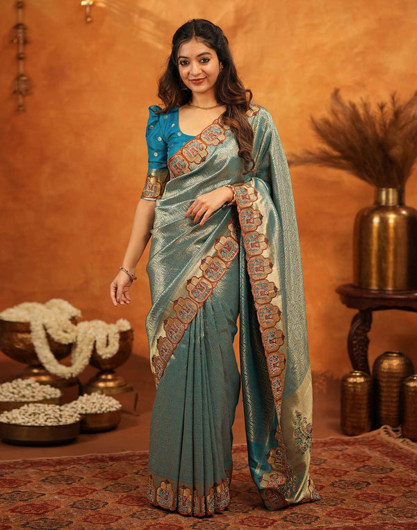 Teal Blue Silk Woven Embroidery Stone Work Banarasi Saree