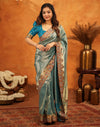 Teal Blue Silk Woven Embroidery Stone Work Banarasi Saree