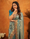Teal Blue Silk Woven Embroidery Stone Work Banarasi Saree