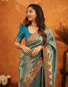 Teal Blue Silk Woven Embroidery Stone Work Banarasi Saree