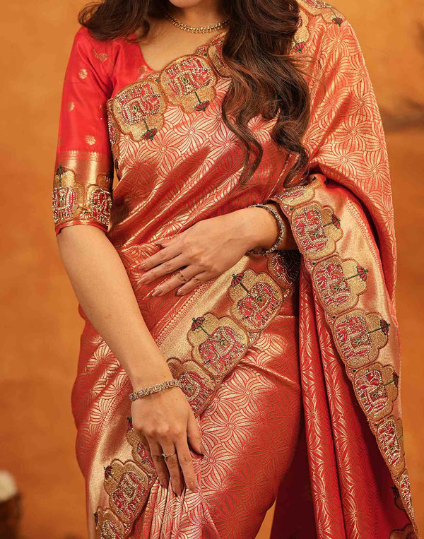 Red Silk Woven Embroidery Stone Work Banarasi Saree