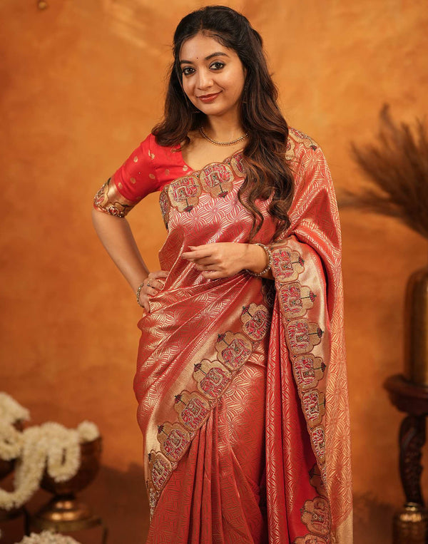 Red Silk Woven Embroidery Stone Work Banarasi Saree