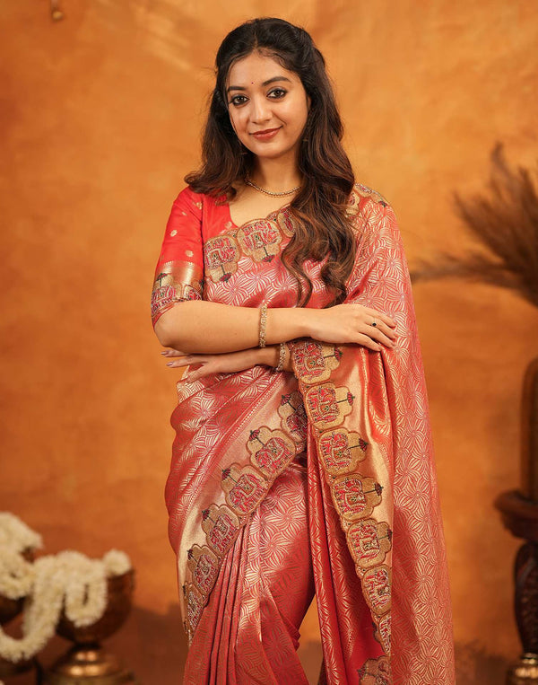 Red Silk Woven Embroidery Stone Work Banarasi Saree