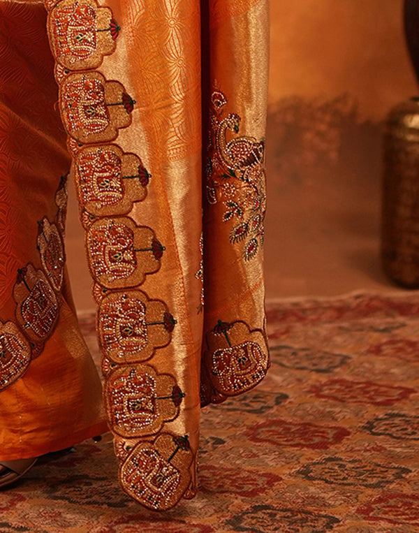 Orange Silk Woven Embroidery Stone Work Banarasi Saree