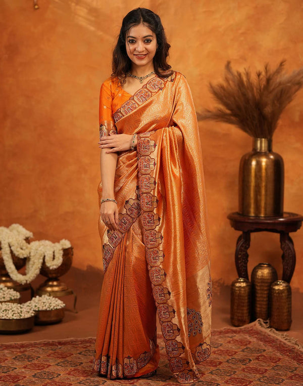Orange Silk Woven Embroidery Stone Work Banarasi Saree