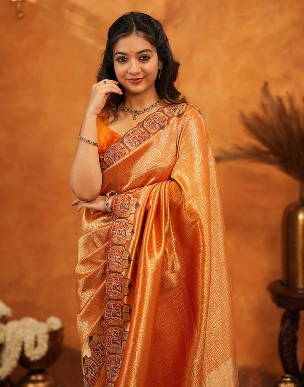 Orange Silk Woven Embroidery Stone Work Banarasi Saree
