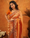 Orange Silk Woven Embroidery Stone Work Banarasi Saree