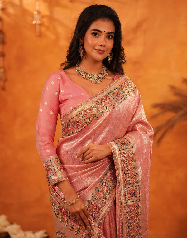 Light Pink Silk Woven Embroidery Stone Work Banarasi Saree