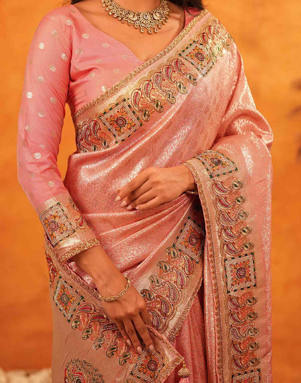 Light Pink Silk Woven Embroidery Stone Work Banarasi Saree