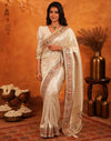 Off White Silk Woven Embroidery Stone Work Banarasi Saree