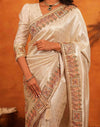 Off White Silk Woven Embroidery Stone Work Banarasi Saree