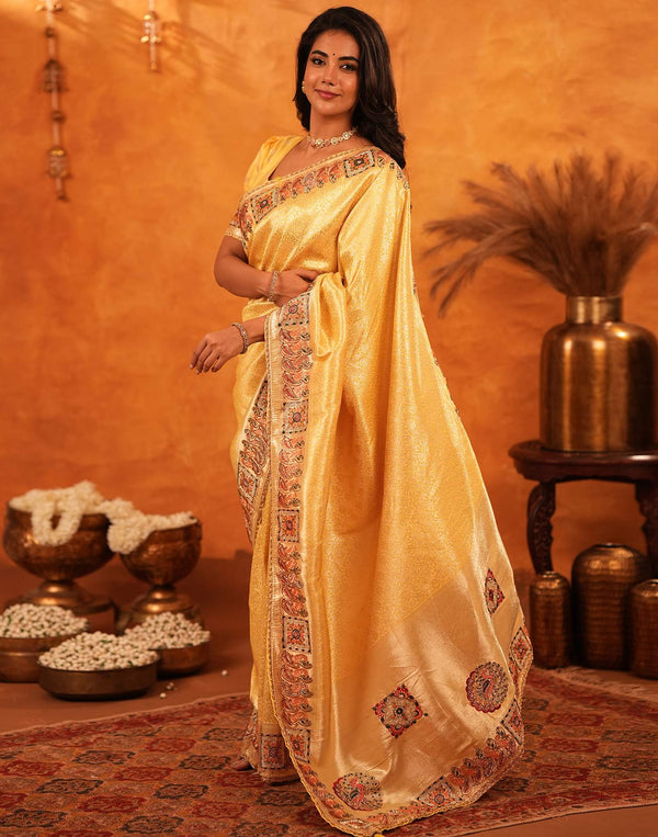 Light Yellow Silk Woven Embroidery Stone Work Banarasi Saree