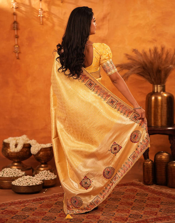 Light Yellow Silk Woven Embroidery Stone Work Banarasi Saree