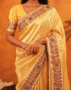 Light Yellow Silk Woven Embroidery Stone Work Banarasi Saree