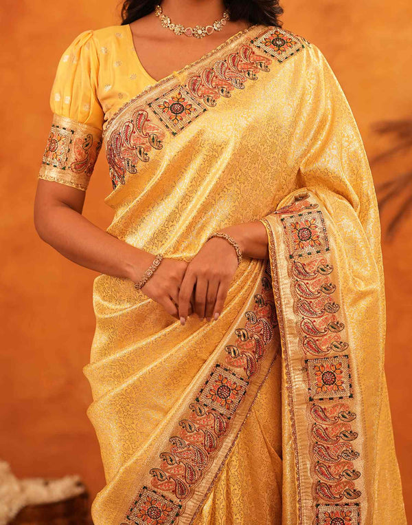 Light Yellow Silk Woven Embroidery Stone Work Banarasi Saree