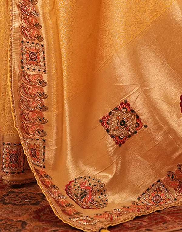 Light Yellow Silk Woven Embroidery Stone Work Banarasi Saree