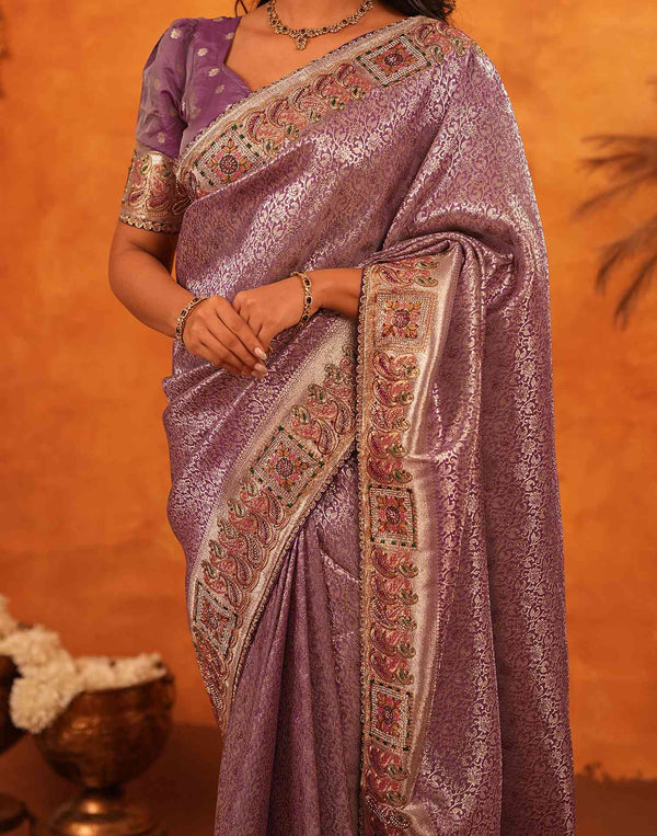 Dusty Purple Silk Woven Embroidery Stone Work Banarasi Saree
