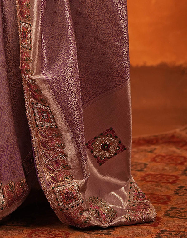 Dusty Purple Silk Woven Embroidery Stone Work Banarasi Saree