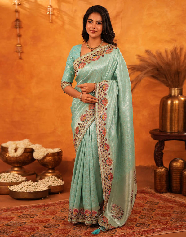Turquoise Silk Woven Embroidery Stone Work Banarasi Saree