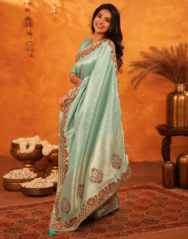 Turquoise Silk Woven Embroidery Stone Work Banarasi Saree