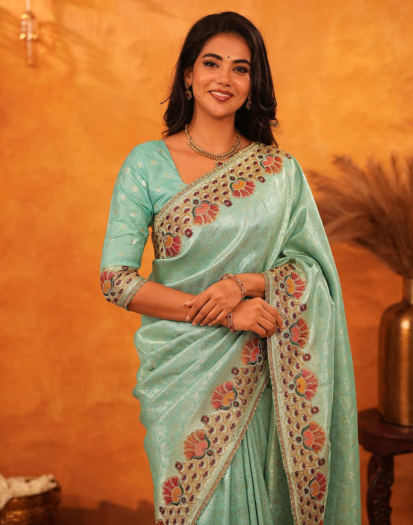 Turquoise Silk Woven Embroidery Stone Work Banarasi Saree