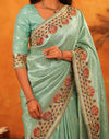 Turquoise Silk Woven Embroidery Stone Work Banarasi Saree