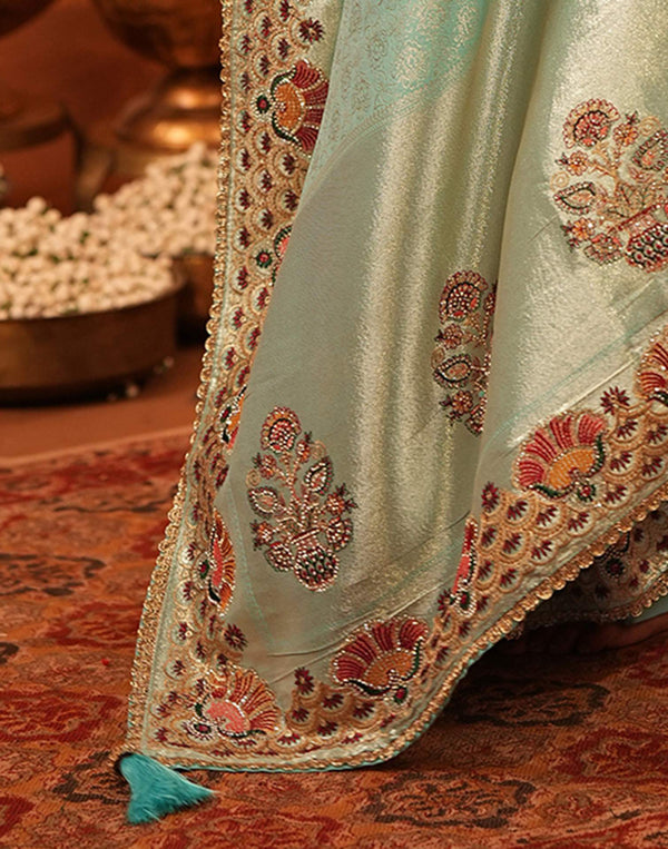 Turquoise Silk Woven Embroidery Stone Work Banarasi Saree