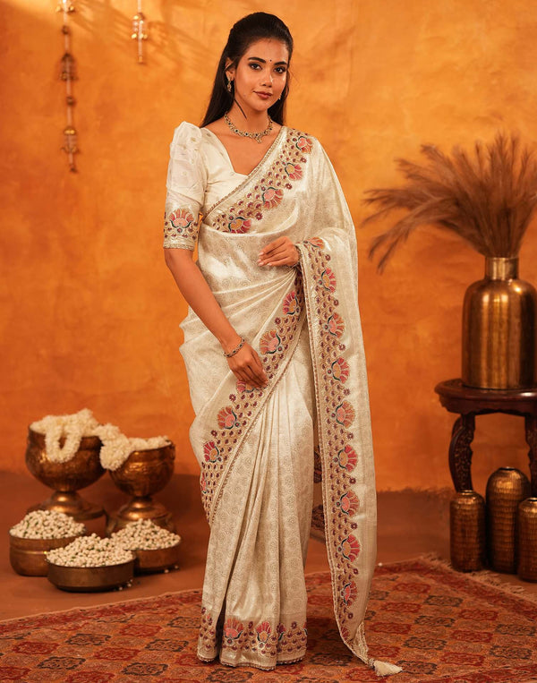 Off White Silk Woven Embroidery Stone Work Banarasi Saree