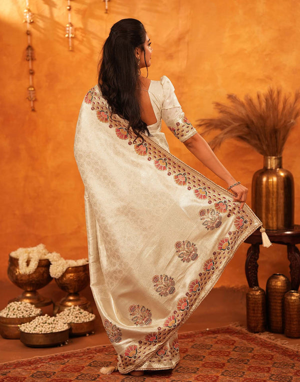 Off White Silk Woven Embroidery Stone Work Banarasi Saree