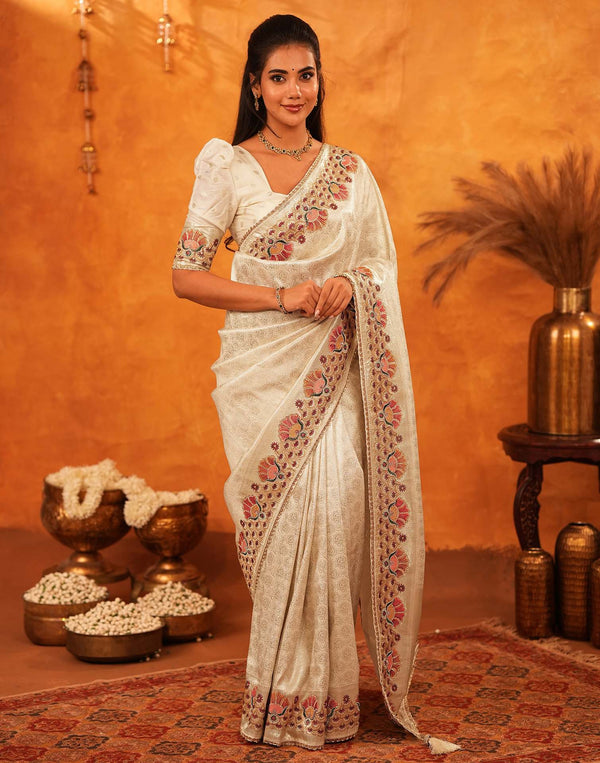 Off White Silk Woven Embroidery Stone Work Banarasi Saree